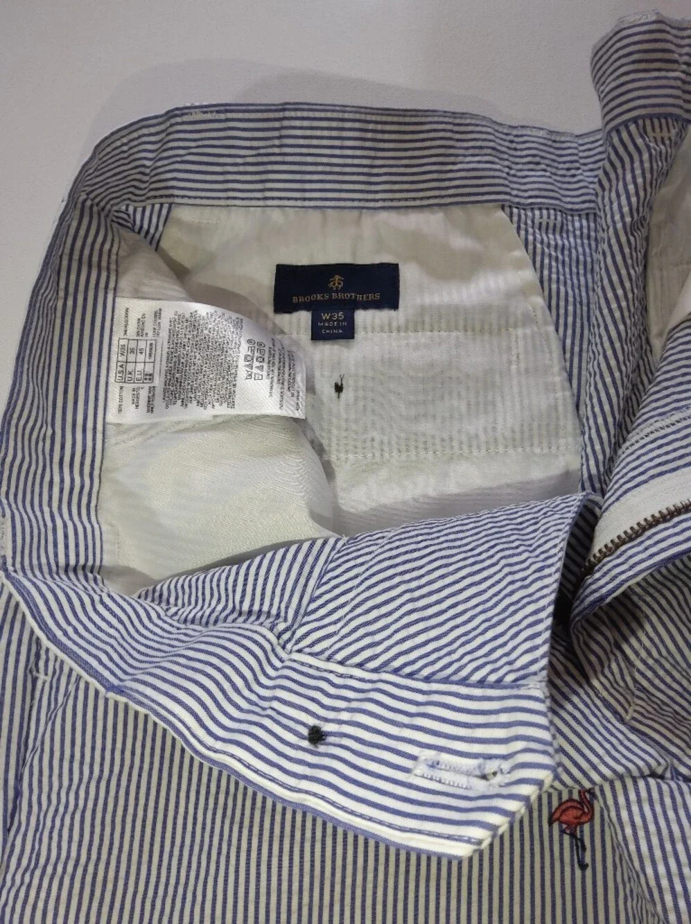 Brooks Brothers Seersucker Shorts Mens 35 Blue White Flamingo Print Coastal Prep